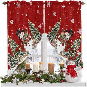 Merry Christmas Swag Valance Curtain,Snowman Xmas Tree Swag Curtains Rod Pocket Valances for Windows,Snowflake on Red Swag Topper Kitchen Valance for Bedroom/Living Room/Bathroom (28"W x 36"L (Pack of 2))