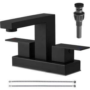 4 inch Bathroom Sink Faucet Matte Black Centerset Bathroom Faucets for Sink 2 or 3 Hole with Pop-Up Drain & Supply Lines, 304 Stainless Steel 2-Handle RV Restroom Faucet