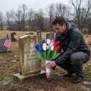 Thiccywoov 2 Sets Memorial Day Flowers for Cemetery Artificial Patriotic Cemetery Flowers for Grave Red White Blue Tulips with Vase for Independence Day Veterans Grave