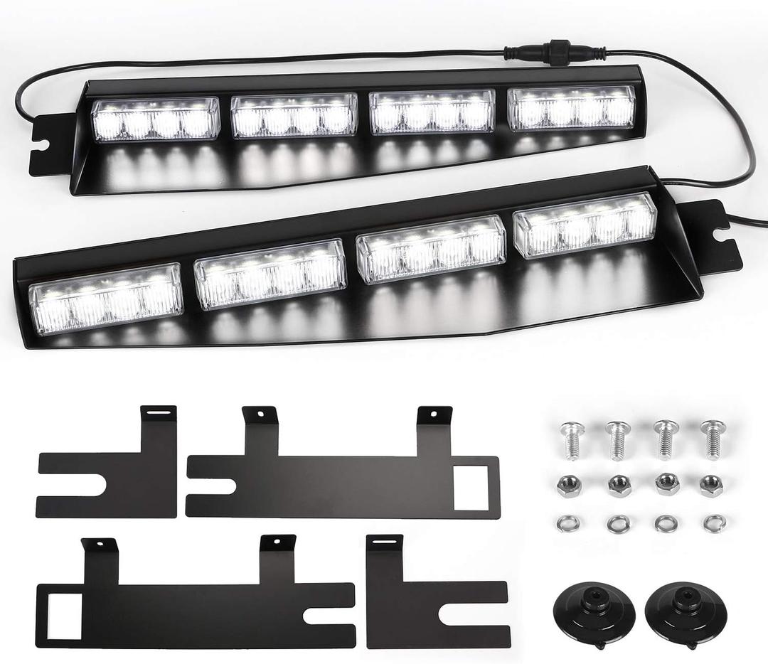 ASPL 32LED Visor Lights 26 Flash Patterns Windshield Emergency Hazard Warning Strobe Beacon Split Mount Deck Dash Lamp With Extend Bracket (White)