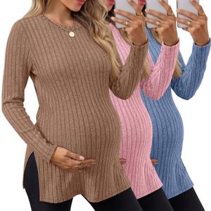 3 Pack Women's Maternity Shirts, Ribbed Long Sleeve Pregnancy Sweaters Knit Split Side Crew Neck Tunic Tees Tops (Large, Khaki, Light Pink, Sky Blue)