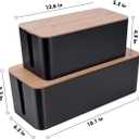 2 Pack Large Cable Management Box Wooden Style Cord Organizer Box and Cover for TV Wires, Computer, Router, USB Hub and Under Desk Power Strip Safe ABS Material and Baby-Pets Proof Lock (Black)