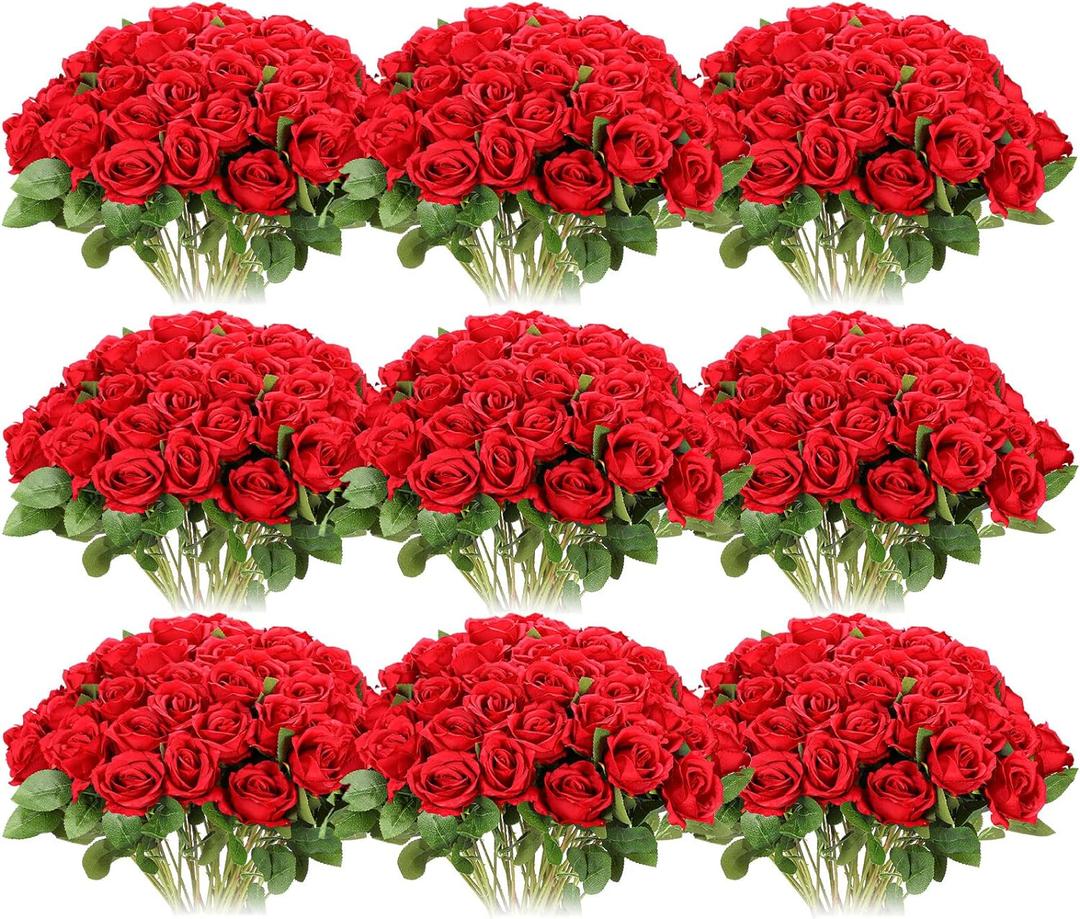 Jexine 100 Pieces Artificial Roses Flowers Bulk, Long Stem Realistic Fake Silk Roses Bouquet for Table Centerpiece Vases Wedding Party Home Kitchen Decor (Red)