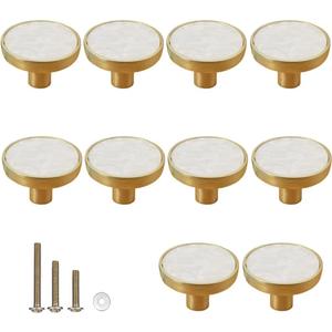 Gold Knobs for Dresser Drawers, Brass Decorative Cabinet Round Knobs, 1.25" Northern Europe/Chinese Style Pearl Shell Handles pulls knobs for Home Decor Furnitures (10 Pack, Snow White)