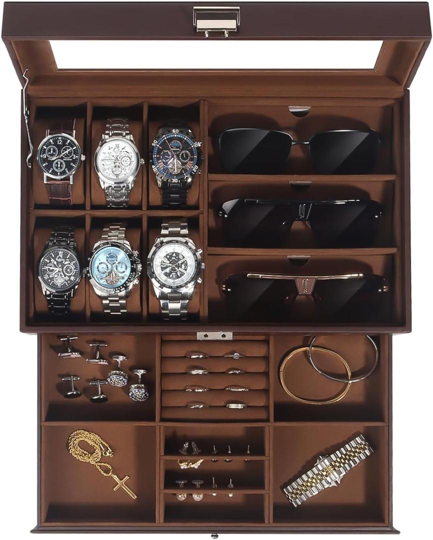 Kukikan Watch Jewelry Box Organizer, 6-Slot 2-Layer Watch Case and Sunglasses Storage with Large Glass Lid, Men's Jewelry Box with Lock, Watch Holder Display Case, Gift for Men Women