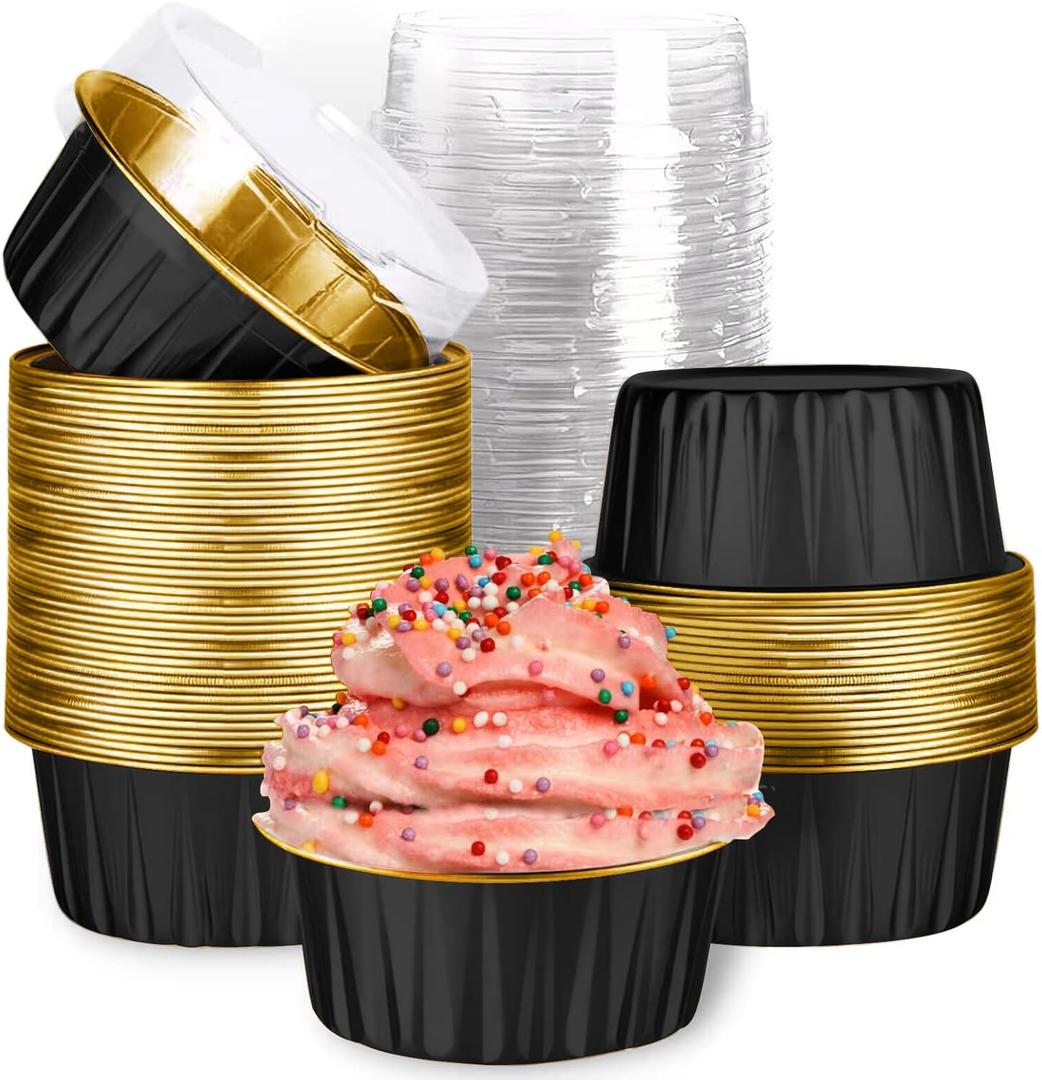 Mini Aluminum Foil Cupcake Baking Cups with Lids (40pcs, 5oz) Round Cupcake Foil Liners Tart Pie Tin Pan Holder - Disposable Mini Cake Containers Flan Molds for Pudding, Souffle, Party, Wedding (Black)