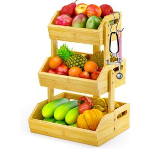 JANSNIMEN 3 Tier Bamboo Fruit Basket, Fruit Basket for Kitchen Counter Fruit Bowl Fruit and Vegetable Storage, Fruit Bowl for Onion Potato Bread Snack Organizer and Kitchen Decor