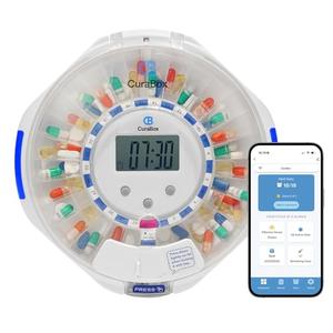 CB CuraBox Automatic Pill Dispenser for Elderly with Alarm - 28 Day Smart Pill Box for Alzheimer’s Care, Easy-Read LCD Display, Key Locked, Alarm & Light Reminder for Medication, Vitamins, Supplements