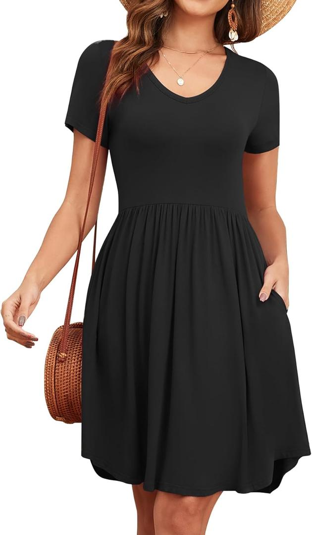 Women's 2026 Summer Short Sleeve Dresses Casual Loose Fit Swing T Shirt Dress V Neck Sundress with Pockets (Black, L)