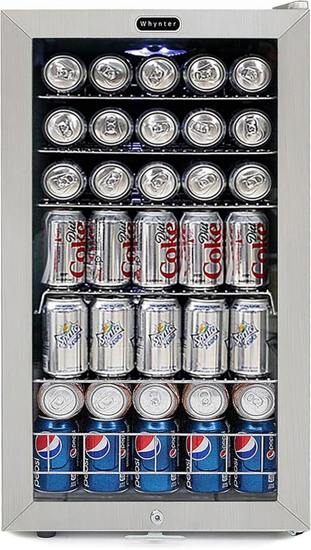 Whynter Cu. Ft, Stainless Steel Beverage Refrigerator with Double-Layer Glass Door, 127-Can 3.1 Cubic Feet Drink Mini Fridge with Lock, BR-128WS