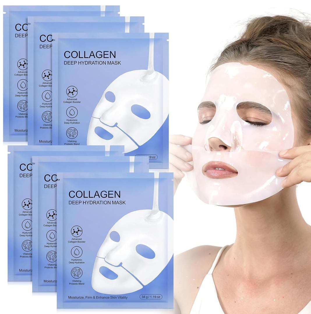 Collagen Face Mask 6PCS, Overnight Hydrating Sheet Mask Night Lifting Facial Masks for Women Skin Care Restores Elasticity, Moisturizing & Firmness Overnight Collagen Face Mask for All Skin Types