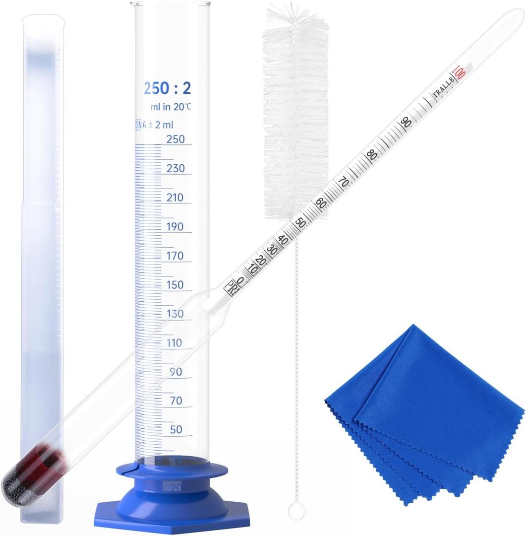 Hydrometer Alcohol 0200 Proof & Tralle with Glass Test Jar Kit, Lab-Grade Glass Dual Scale for Accurate High-Proof Spirit Testing Moonshine Whiskey Spirits Liquor Proofing Distilling