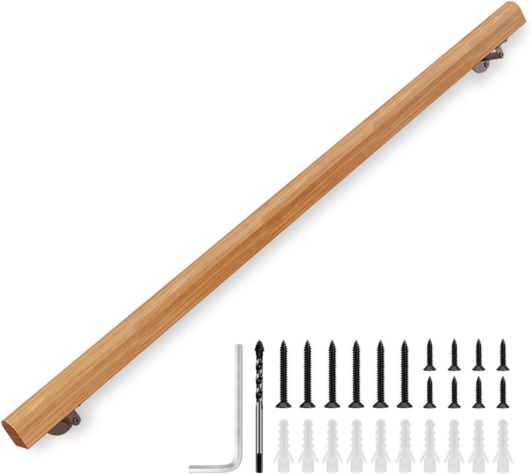 4FT Solid Wood Stair Handrail for Indoor Stairs, Outdoors Stair Railings, Sturdy Wall Mounted Non-Slip Safety Design, Elderly-Friendly & Child-Safe, with Adjustable Angle Brackets