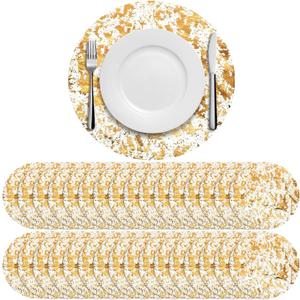 50 Pcs Disposable Gold Placemats Set 13 Inch Round Gold Foil Mesh Pressed Table Doilies Metallic Thin Mesh Table Runner for Home Decoration Dining Wedding Birthday Party