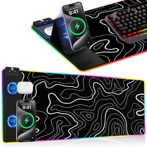 XXL Mouse Pad with Phone Holder, RGB Desk Mat with 15W Fast Charging, LED Large Gaming Mouse Pad with 11 Lights Colors, Long Mouse Pads for Desk, Waterproof Non-Slip Gaming Pad for Gamer Esports Pros (Black with Topographic Print)