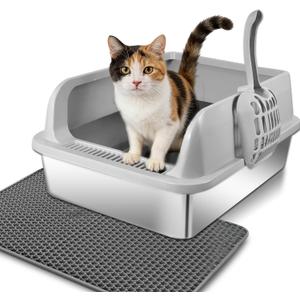 Stainless Steel Cat Litter Box, High Wall Kitty Litter Box for Small Cats, Metal Litter Box with Lid, Non-Sticky, Anti-Leakage, Easy Cleaning, Include Cat Mat and Scoop, 17.2"x13.2"x8.4"