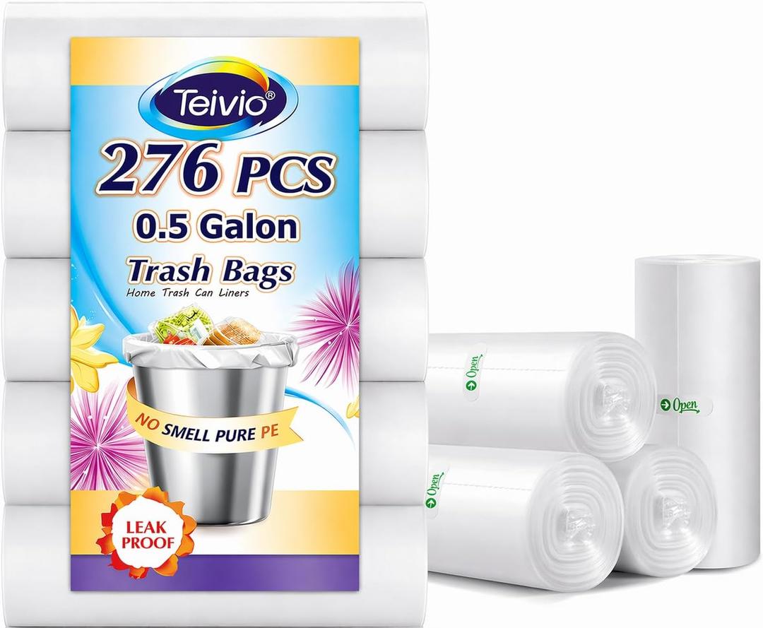 Teivio 0.5 Gallon Mini 12" x 15" Trash Bags, Tiny Bathroom Garbage Can Liners, Small Plastic Bags for Desktop Trash Bin/Dog/Poop Car, Fit 2 Liters or Less Can (276 Counts, Clear)