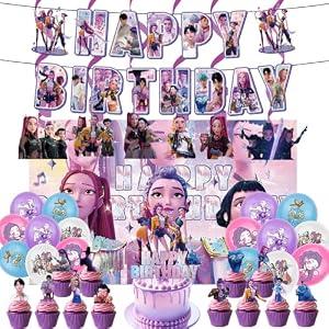 Demon Movie Hunters Birthday Decorations, Cute Party Supplies Set Include Banner, Backdrop, Balloons, Hanging Swirls, Cake Topper, Cake Cupcake Toppers for Boys Girls Cartoon Theme Party