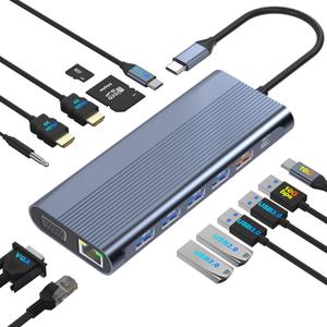 USB C Docking Station Dual Monitor for Dell/HP/Lenovo/Mac Laptop, Dual HDMI Adapter for 2 Monitors, 14 in 1 Laptop Docking Station Dual Monitor with 10Gbps USB/HDMI/VGA/PD/Ethernet/SD/TF/Audio/Mic