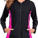 Halcurt Women's Full Zip Long Sleeve Rash Guard Swim Top with Pockets UPF50+ Quick Dry Swimsuit (XX-Large, Black/Hot Pink)