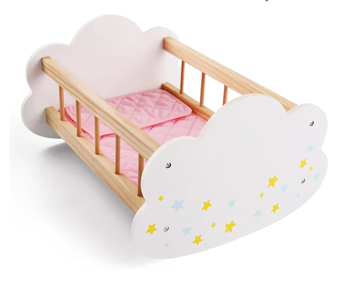 BABESIDE Wooden Baby Dolls Bed for 12-16 Inches Doll, Rocking Babys Doll Crib, Sleep Bed, Baby Dolls Accessories Furniture fit Newborn Dolls Boys Girls