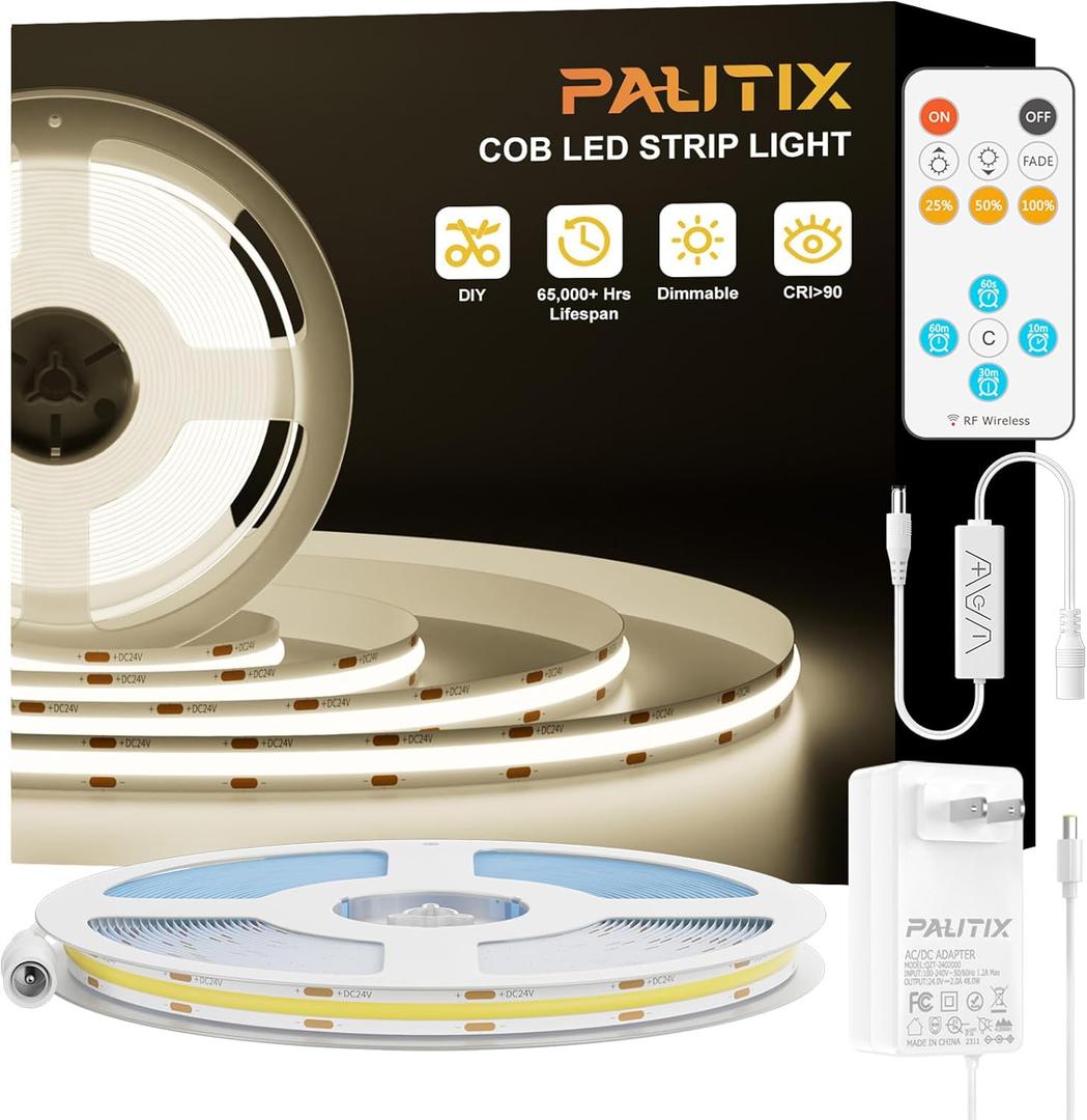 PAUTIX COB LED Strip Light 32.8ft,Engineering Level UL Listed Natural White 4000K,CRI93+ Super Bright High Lumen,Dimmable 24V Flexible LED Tape Light with RF Remote,for Home&Office Decor DIY Lighting