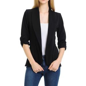 Women's 3/4 Ruched Sleeve Lightweight Work Office Blazer Jacket (S-3XL) (Black)