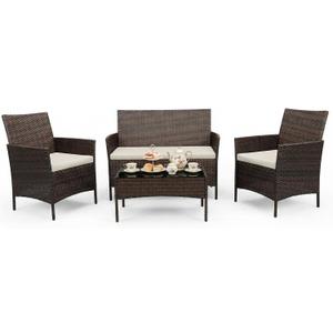 4 Piece Patio Furniture Set, Outdoor Deck Rattan Chair Wicker Combo Furniture, All Weather Dialogue Rattan Sofa with Upholstery and Glass Table for Garden, Backyard, Porch, Lawn, Pool, Brown+White