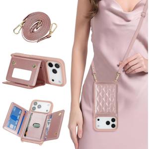 for iPhone 17 Pro Case with Card Holder and Strap for Women,Crossbody Lanyard, Make Up Mirror,Snap Clasp,Cute Phone Wallet Cases 6.3 inch - Dark Rose Gold