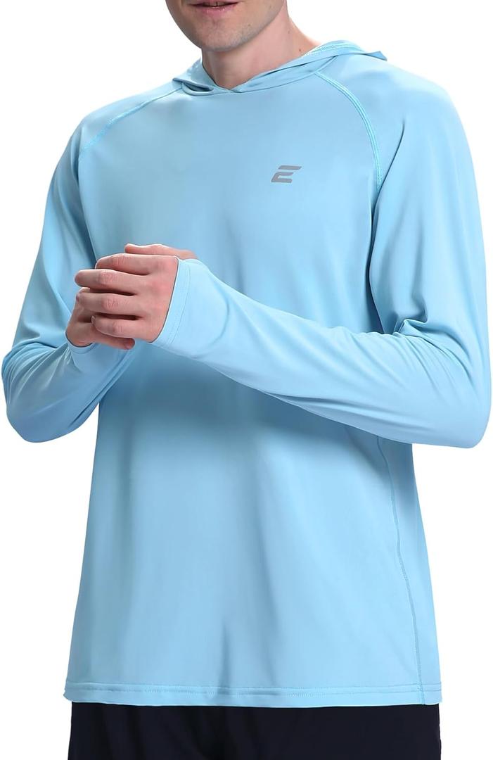 Men's UPF 50+ Sun Protection Hoodie Shirts UV SPF Long Sleeve Rash Guard Fishing Swim Shirts Quick Dry (Blue, L)