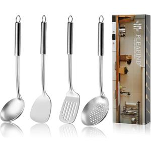 Pleafind 4-Pcs Cooking Utensils Set, Stainless Steel Kitchen Utensils, Wok Utensils Set Include Wok Ladle, Slotted Spoon, Wok Spatula and Slotted Spatula, Dishwasher Safe
