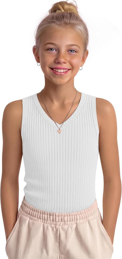 Girls' Tank Tops Sleeveless Shirts | Ribbed Knit, V Neck, Slim Fit, Summer, Casual, Basic Undershirts, Cute, for Kids 5-14Y, Teen, Solid Color, Back to School