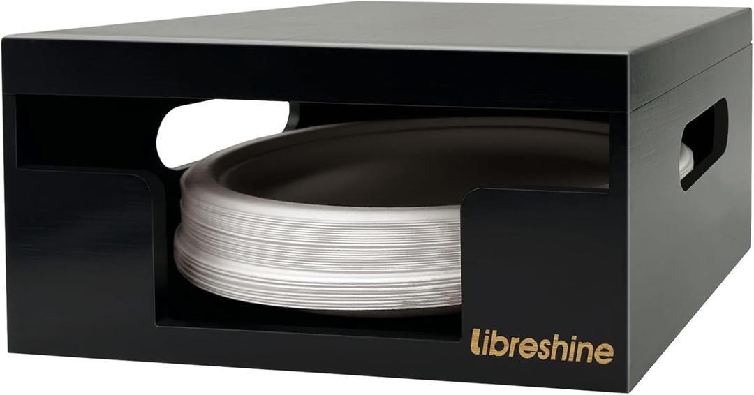 Libreshine 8-10 Inch Black Paper Plate Holder Dispenser, Stackable Bamboo Organizer for Disposable Plates, Bowls & Air Fryer Liners, Space-Saving Cabinet/Countertop Storage for Kitchen, Pantry, Camper