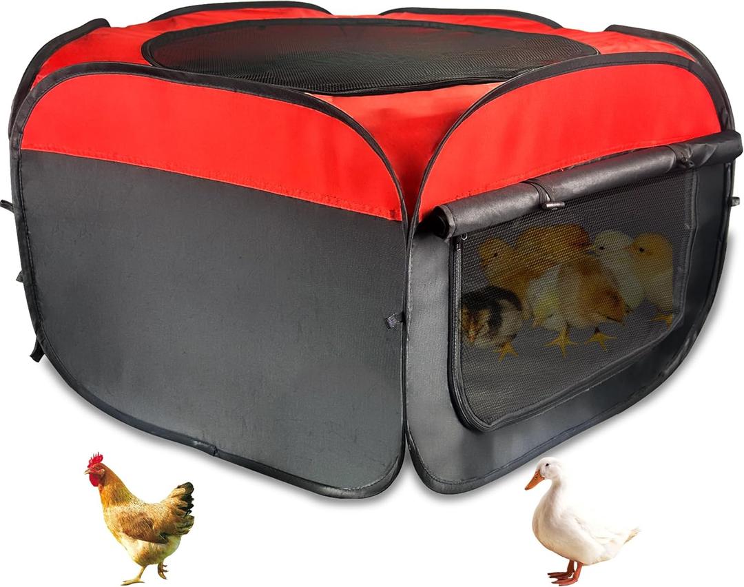 Portable Chicken Brooder Box Kit, Waterproof Chick Starter House with Storage Bag, Ground Stakes, Removable Liner, Red and Black