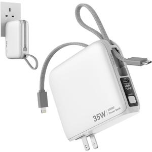 35W, 20000mAh Portable Charger with Wall Plug Phone Charger Battery Pack Portable Cell Phone Power Bank with Built in Cable CCC Certified Power Bank USB C & Lightning Cable, White