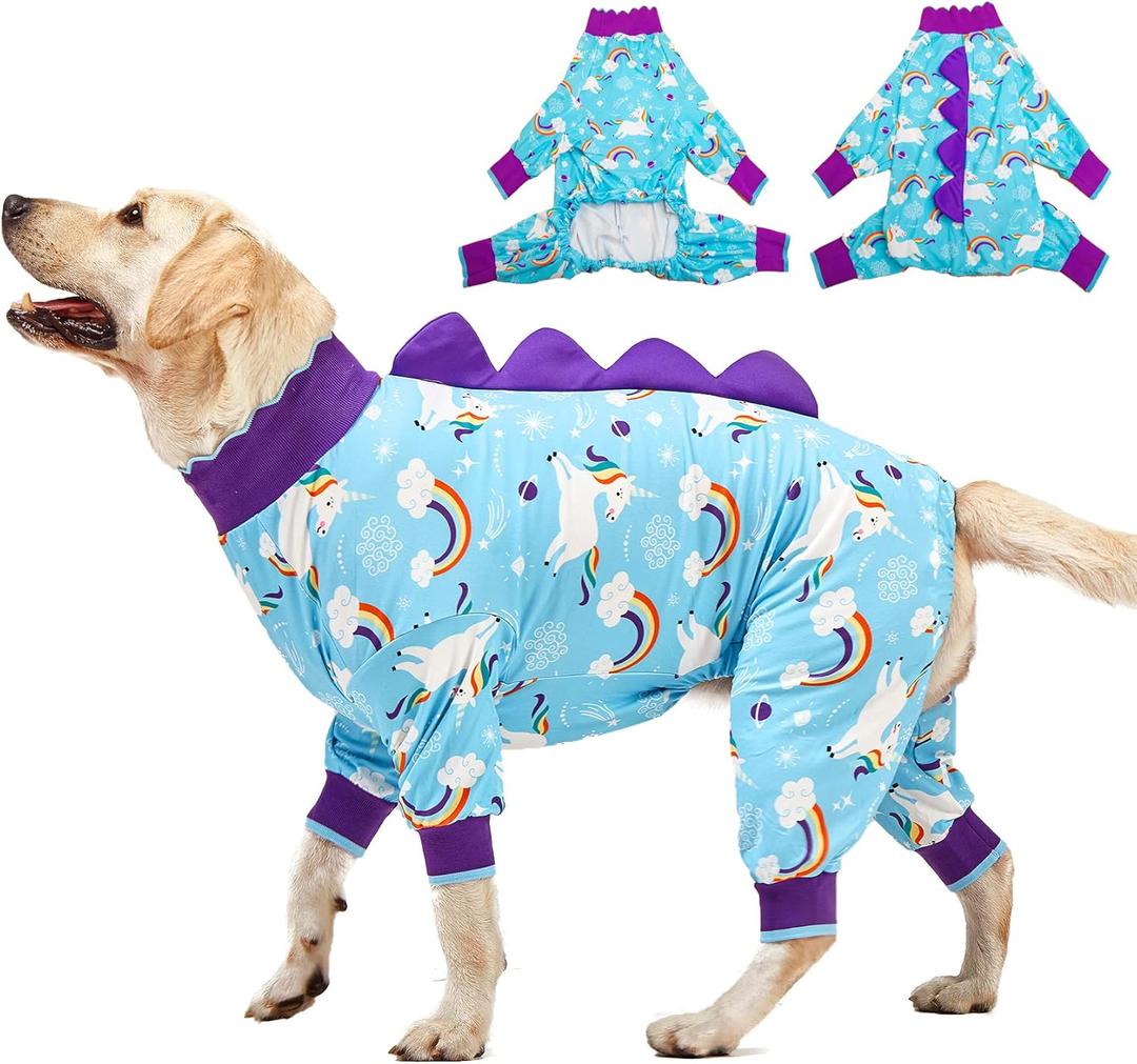 LovinPet Pet Clothes Large Dog, Anti Licking Dog Recovery Clothes, Lightweight Onesie, Starlight Rainbow/Wild Horse Prints American Bully Pajamas, UV Protection, Adorable pet PJ's/Medium (Blue)