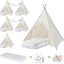 6 Pack Teepee Tent for Kids Indoor Sleepover Tents for Girls Party, with Inflatable Airbeds, Washable & Foldable Toddler Slumber Party Tent for Girls & Boys