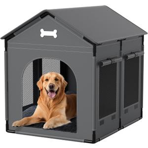 Extra Large Dog House Indoor with Plush Cushion, Dog Kennel for Inside with Sturdy Frame, Waterproof Pet House Suitable for Medium Large Dogs, 34x27x34in, Gray