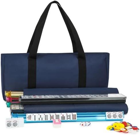Suncle Mahjong Tile Set,166 White Tiles Mahjong Set, 4 All-in-One Rack/Pushers, American Mahjong Set with Blue Carrying Bag