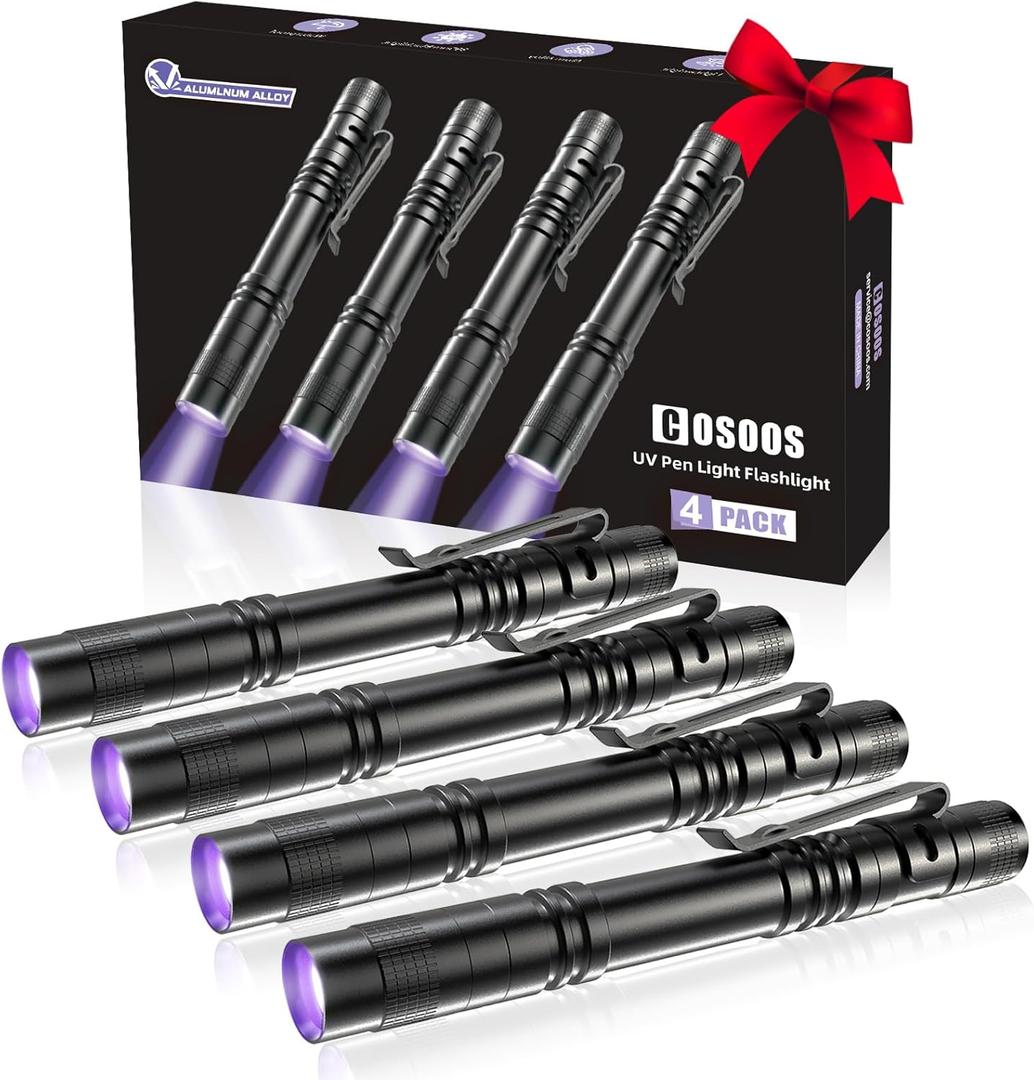 COSOOS UV Black Light Flashlights, 4 Pack 395nm Mini Pen Lights with Clip, Waterproof Ultraviolet Flashlights for AC Leak, Pet Urine, Scorpion, Hotel Inspection, Dry Stain and Bed Bug Detection