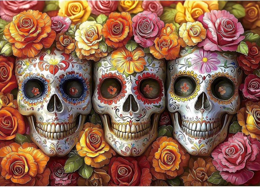 1000 Piece Puzzles for Adults Clearance, Artistic Skull Flower for Adults Puzzle, Mexican Day of The Dead (Dia de Los Muertos) for Gifts Birthday Party Games Family, 27.5" X 19.7" Dust Free