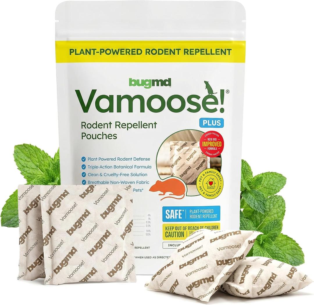 BugMD Vamoose! Plus Peppermint Oil Mouse Repellent Pouches | Natural Mice Repellent Indoor & Rat Deterrent for House, Garage, RV, Car & Storage | Plant-Powered Rodent Control - 1 Pack - 4 Pouches
