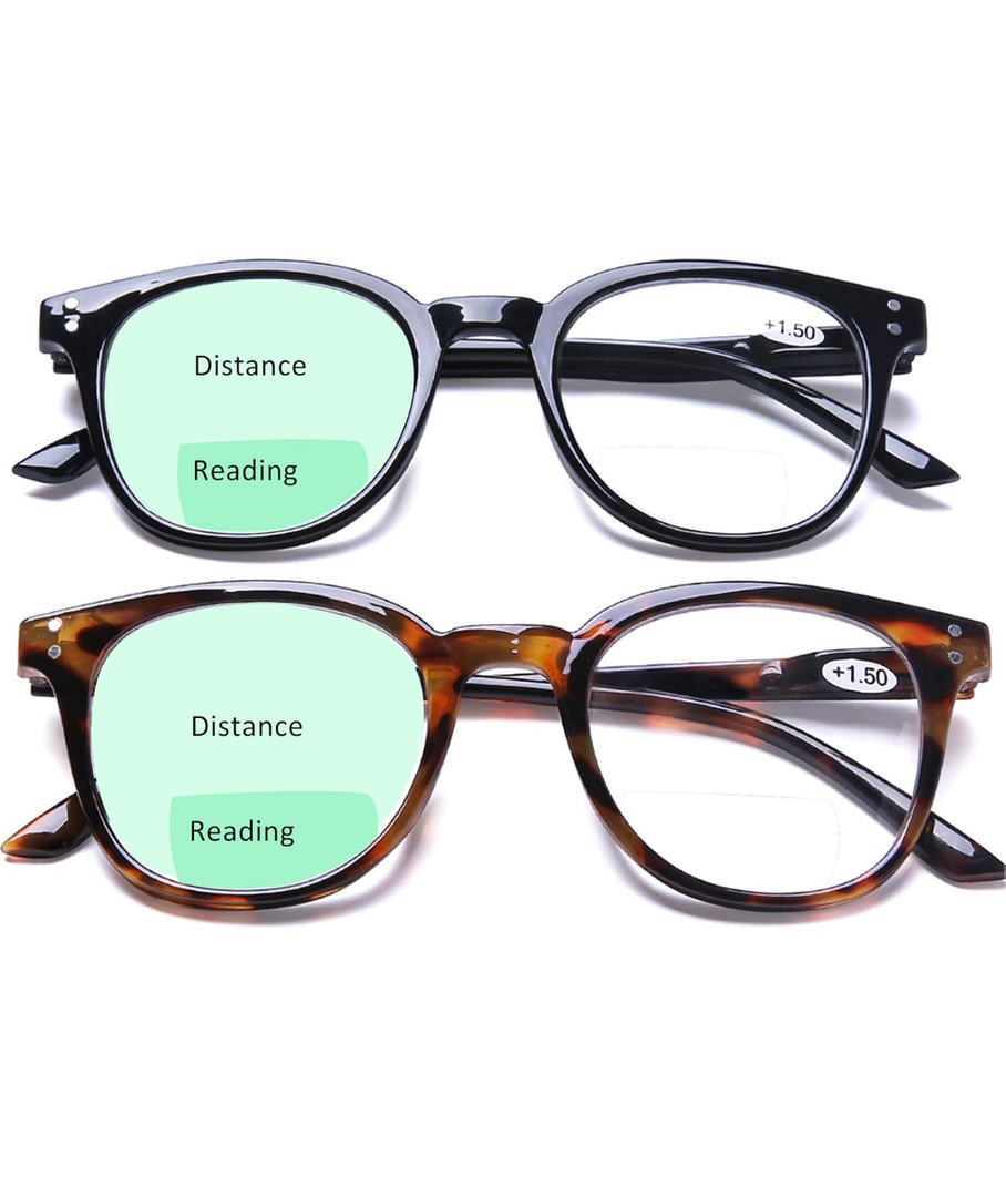 AQWANO 2 Pack Round Bifocal Reading Glasses Lightweight Comfortable Fashion Readers with Spring Hinges for Men Women, 1.5