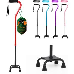 BeneCane Quad Cane Adjustable Walking Cane with Offset Soft Cushioned Handle for Men & Women Lightweight Comfortable with 4-Pronged feet for Extra Stability (red)