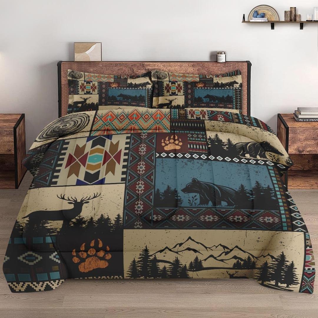 Twin Size Comforter Set with Pillowcase, Deer Bear Animal 2 Pcs Bedding for Kids and Adults, Black White Abstract Soft Comforter Set for Bedroom Bed Decor 