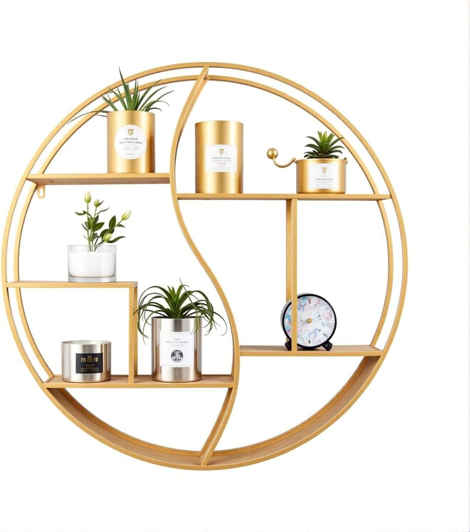 Round Wall Shelf,24 inch Metal Circle Shelf Wood Floating Shelves,Rustic Gold Wall Mounted Display Organizer Shelf for Fireplace,Living Room,Bathroom