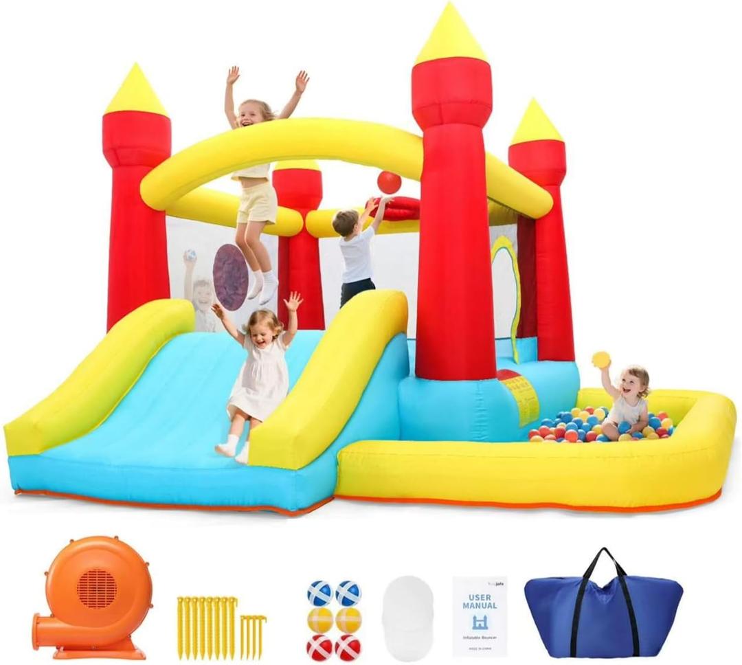 Bounce House with Blower & Slide, (10FT X 10FT X 7FT) Kids Bouncy Castle for Indoor/Outdoor Play, Birthday Parties, Backyard Fun Inflatable Bounce House for Kids 3-6, Jump House for Toddlers, 300x300x210cm