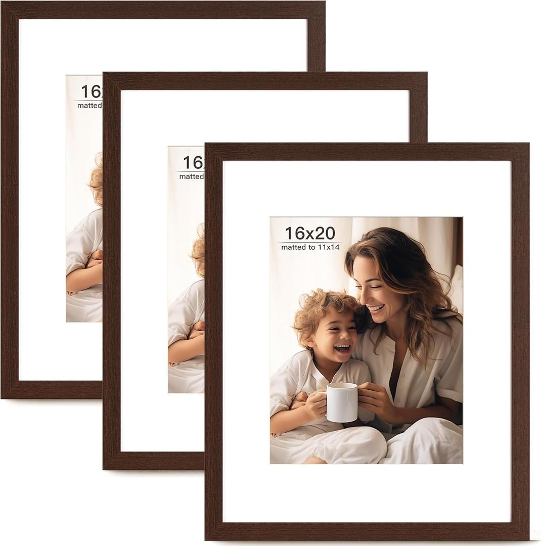 16x20 Picture Frame with Mat for 11x14 Set of 3, Drak Brown Wood Grain 16x20 Frames for Horizontal & Vertical Wall Mounting (3 Pack,Walnut)