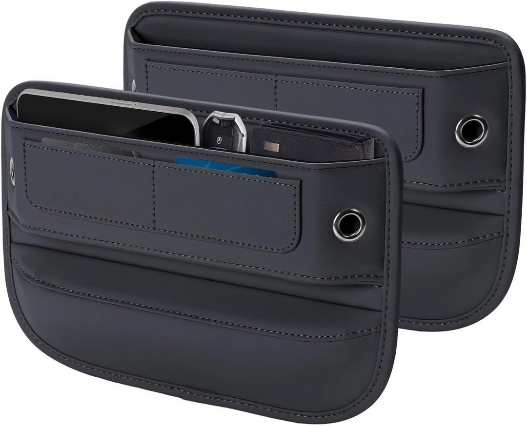 Universal Fit Premium Leather Car Seat Gap Filler Organizer, Center Console Organizer with Card Slots, Clever Gifts for Car SUV Truck Owners (Black, 2 Pack)