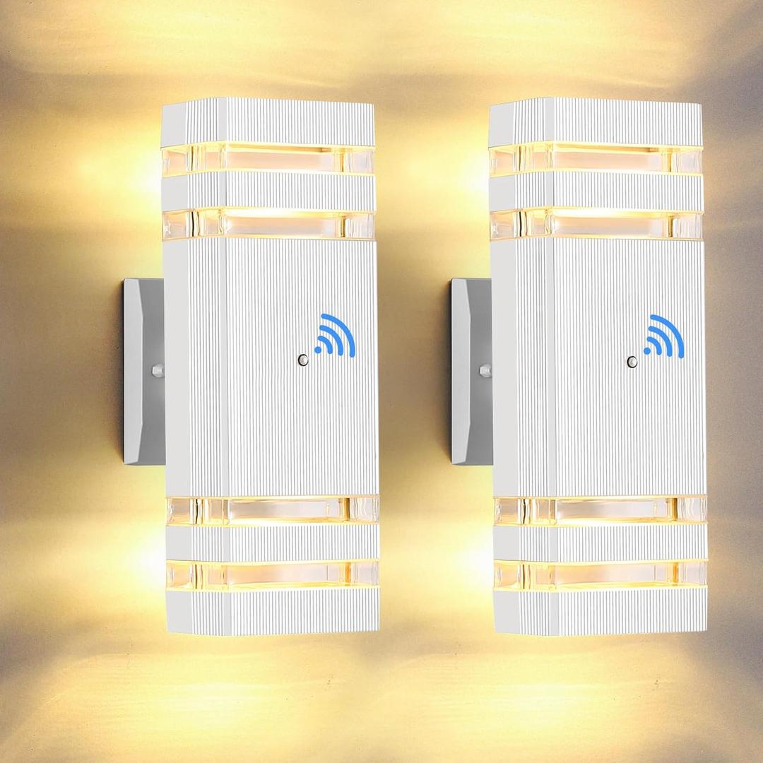 Dusk to Dawn Outdoor Wall Lights Modern Exterior Lighting Fixtures, 2 Pack White Outside Lights for House, Up and Down Porch Lights Outdoor Waterproof Sconces Wall Lighting for Garage Patio